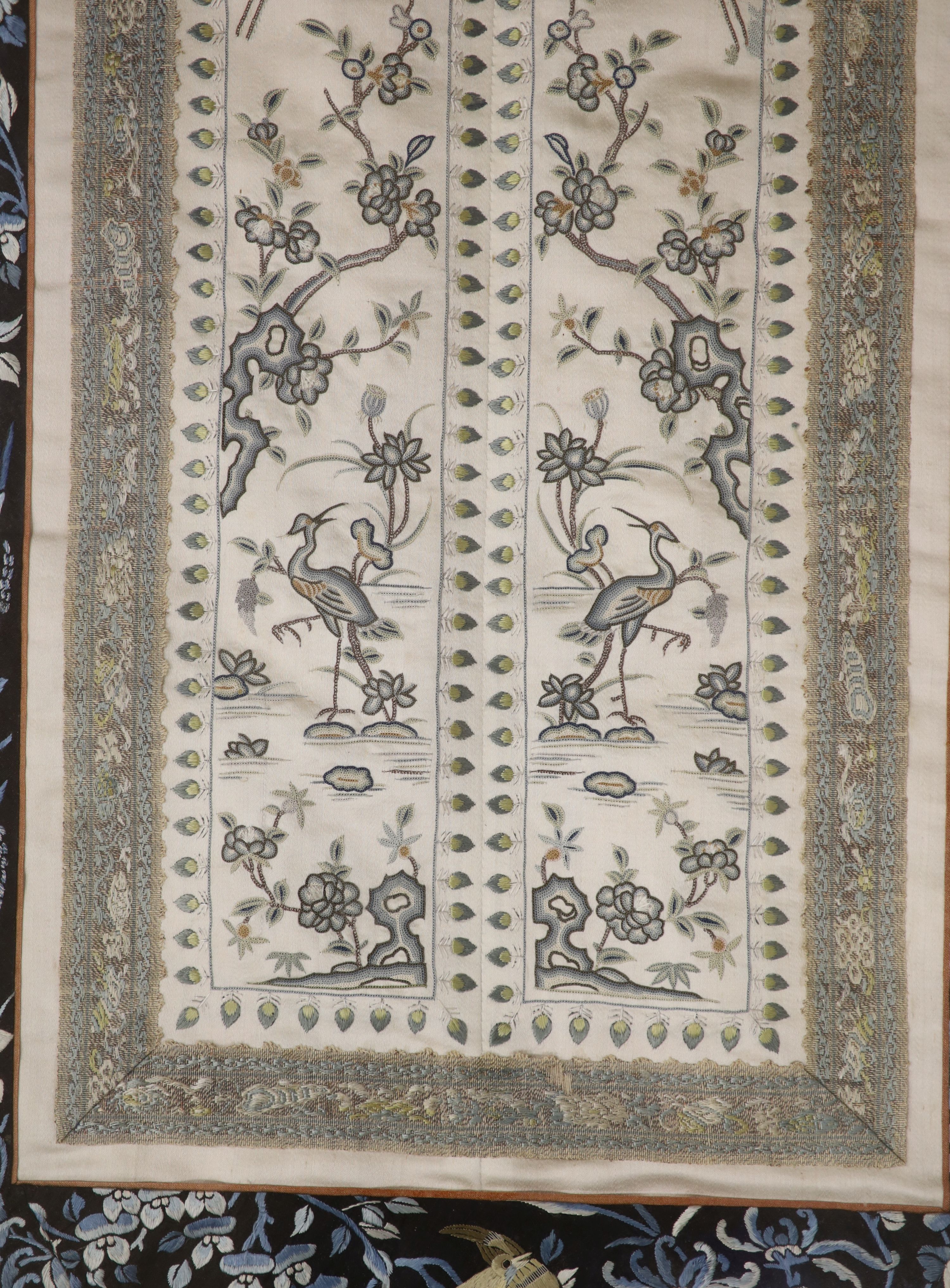 Two framed Chinese late Qing embroidered silk panels 71 x 39cm & 62 x 32cm